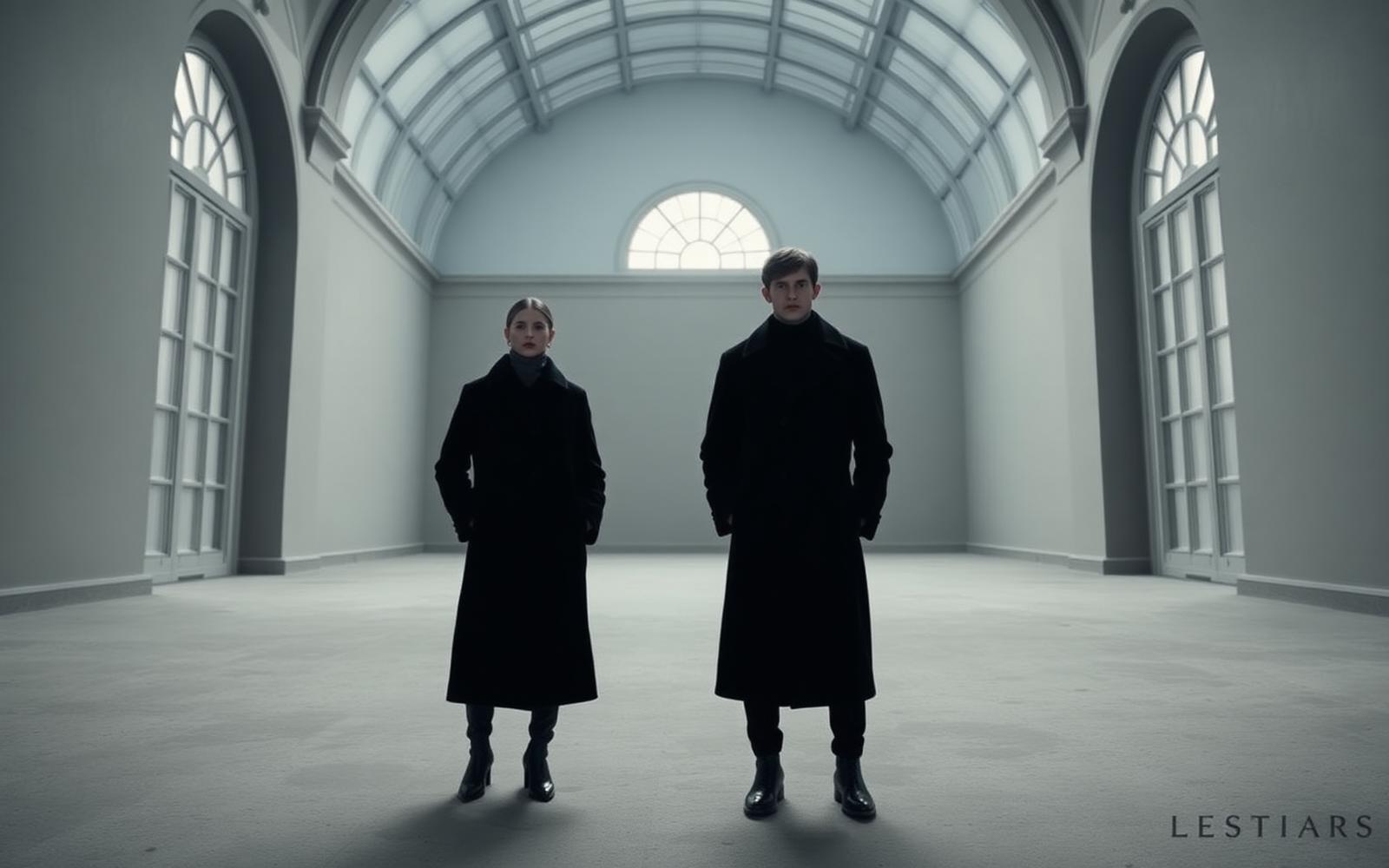 Editorial image: two figures in a European gallery wearing Novenza AW26 outerwear.