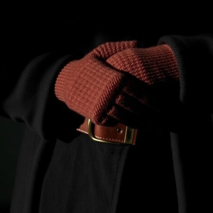 Detail of red knit and leather belt