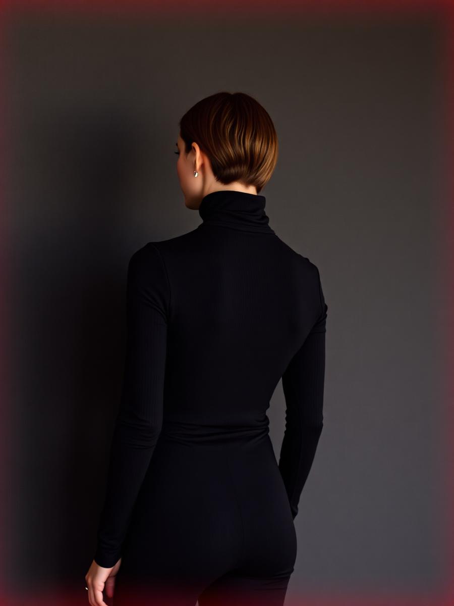 Back view of black turtleneck